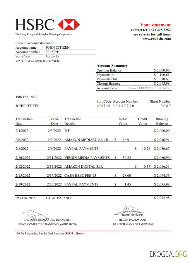 Relevé bancaire HSBC de Brunei
